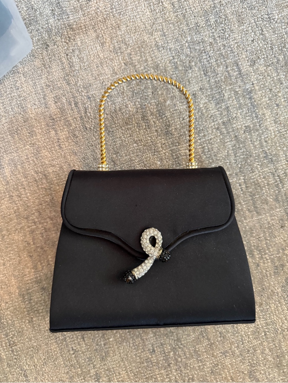 Black Satin Clutch with Gold-Tone Handle and Crystal Snake Accent